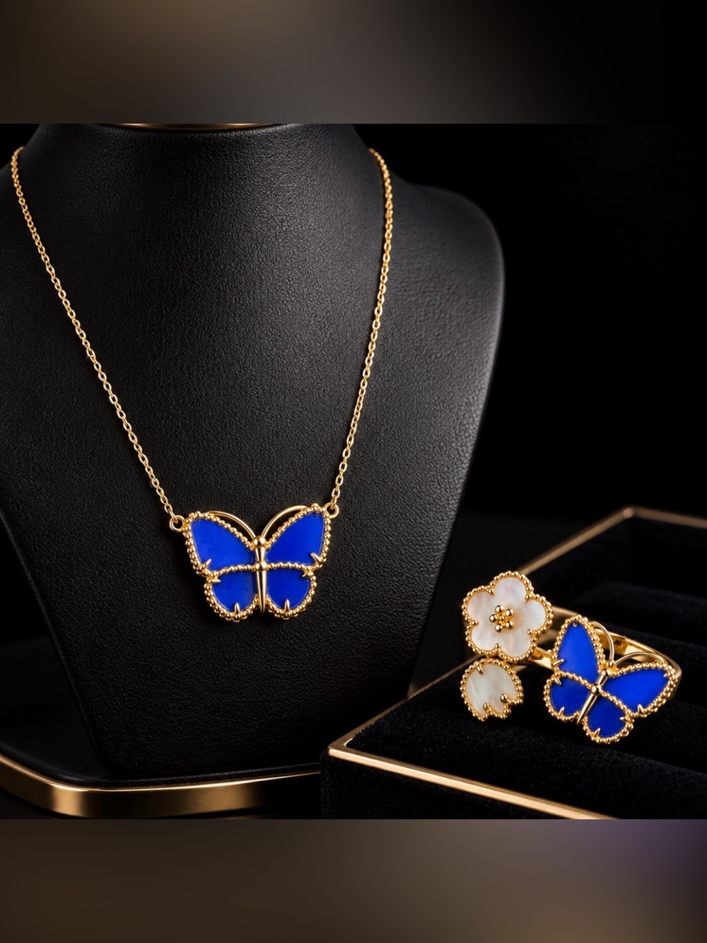 Gold Butterfly Necklace and Ring Set with Blue Enamel